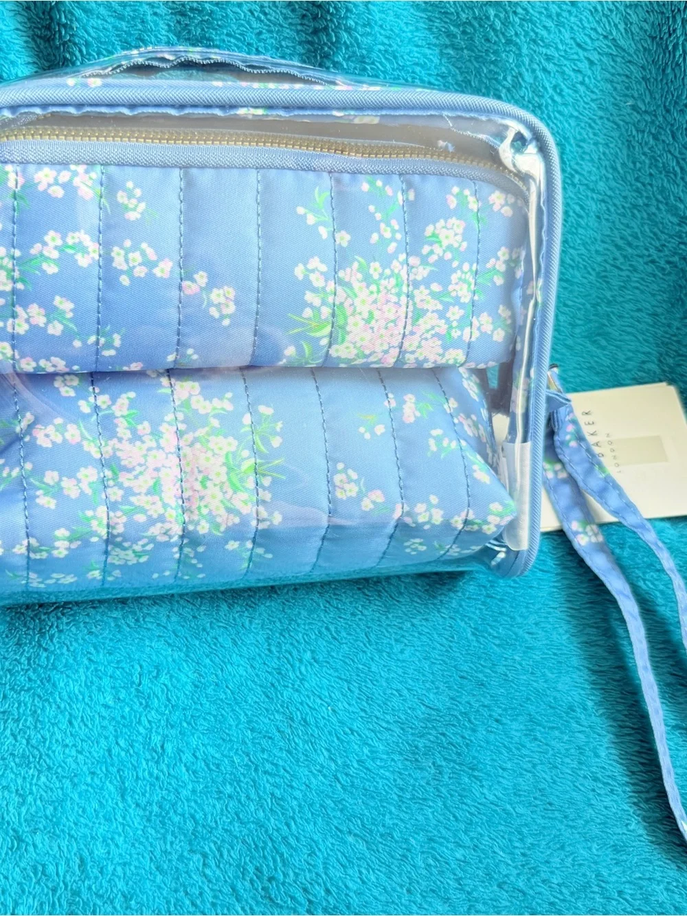 Ted Baker 3 Piece Blue Quilted Floral & Clear Cosmetic Bag Pouches NWT